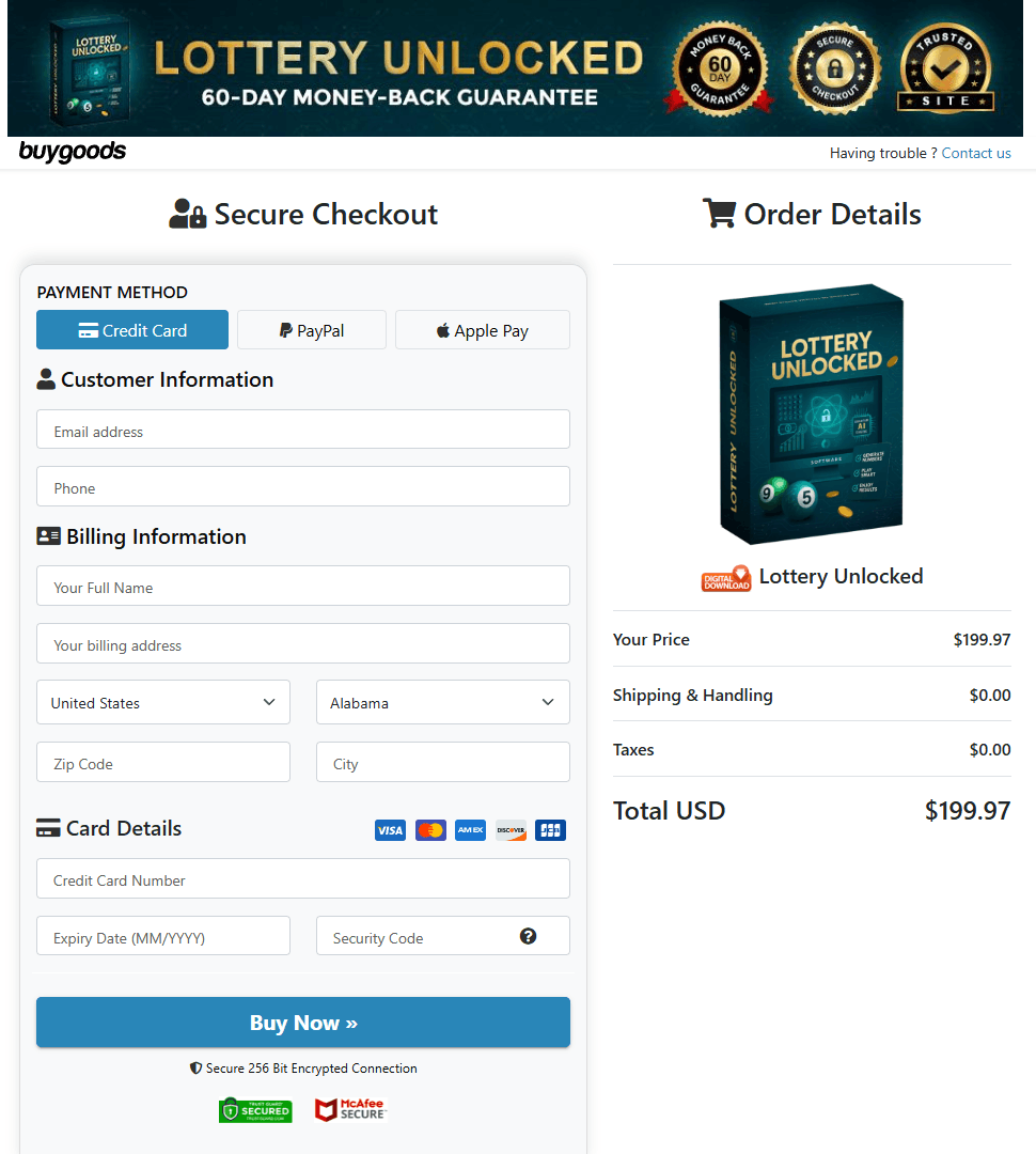 Lottery Unlocked secure checkout page